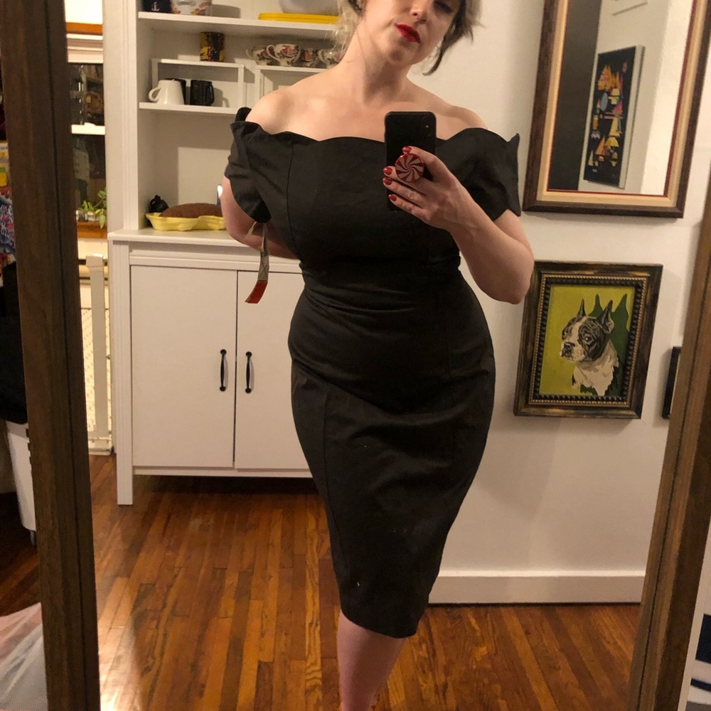 Vintage Off-the-shoulder Scalloped Unique Little Black Wiggle Dress